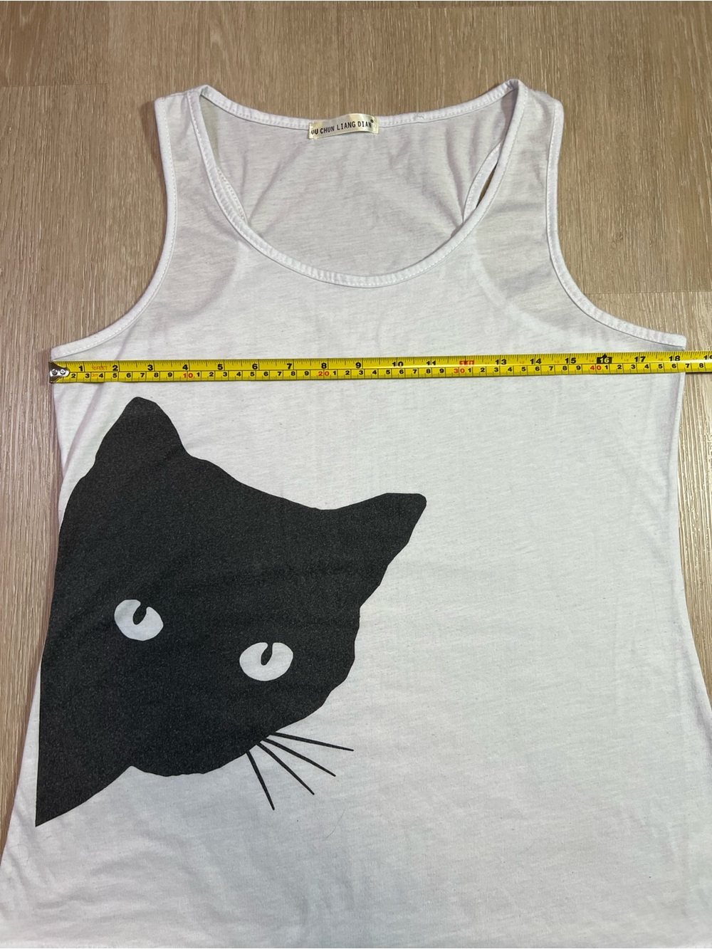 White Tank Top with Black Cat Print Semi-Sheer - Picture 6 of 6